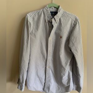 White with Light Blue Stripes Long Sleeve Button Down Shirt